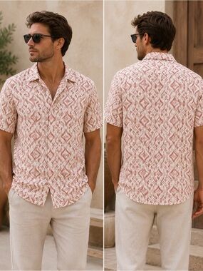 Common People Ikat Short Sleeve Linen Blend Shirt NWT Mens Small Coral